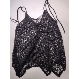 Miken Swim Black Crochet Lace Handkerchief Hem Swim Cover Up Top Womens Medium